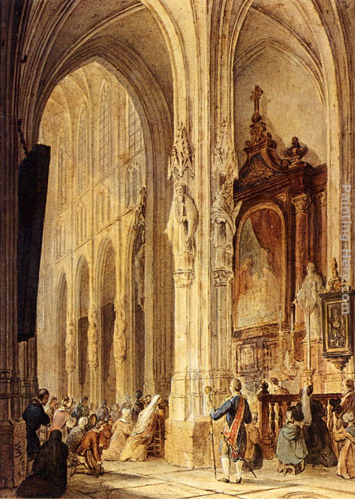 A Church Interior With People Attending Mass painting - Johannes Bosboom A Church Interior With People Attending Mass art painting